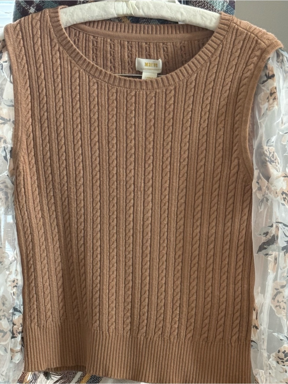 Anthropologie Maeve Cable Knit Pullover with Floral Sheer Puff Sleeves Large - Picture 4 of 7
